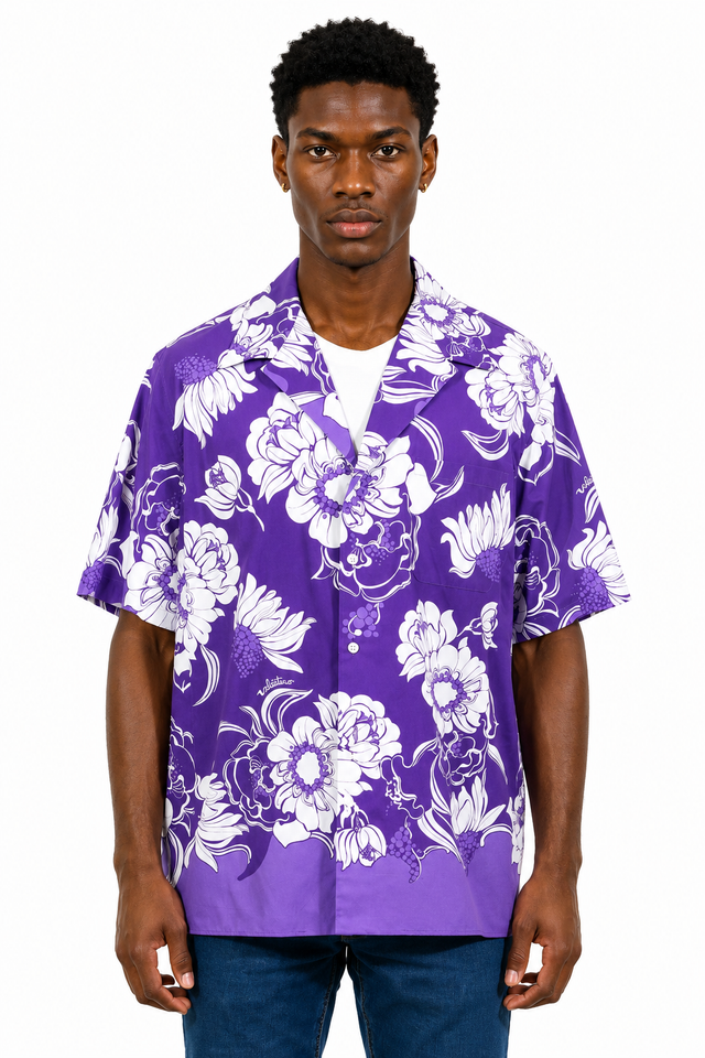 Valentino Floral Print Camp Collar Shirt in Purple