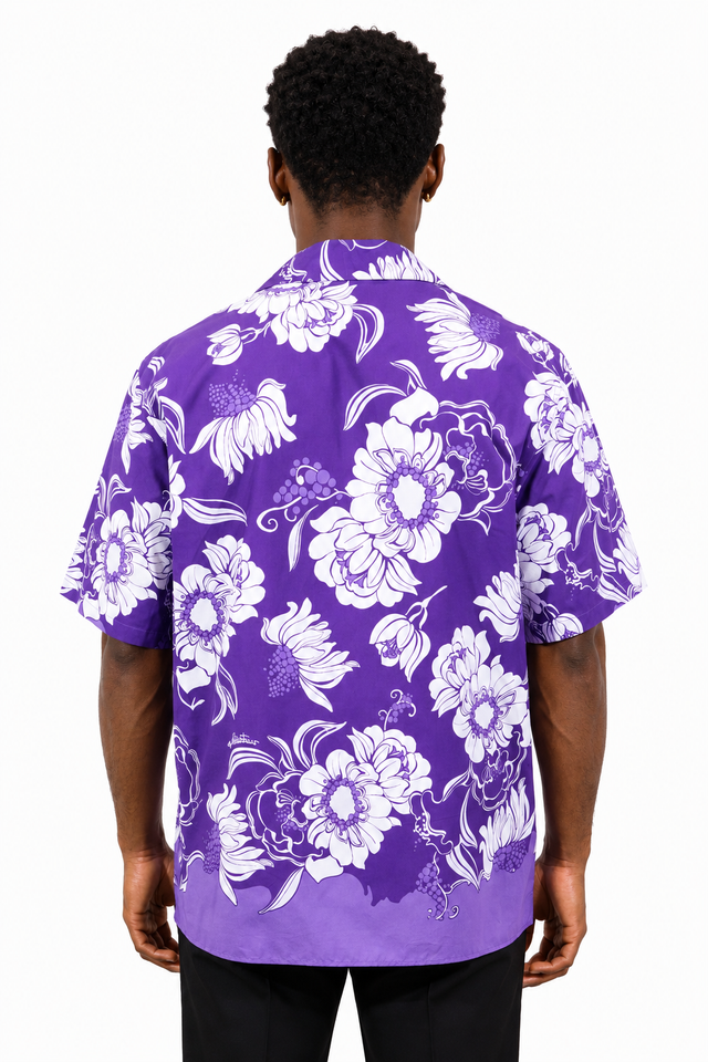 Valentino Floral Print Camp Collar Shirt in Purple