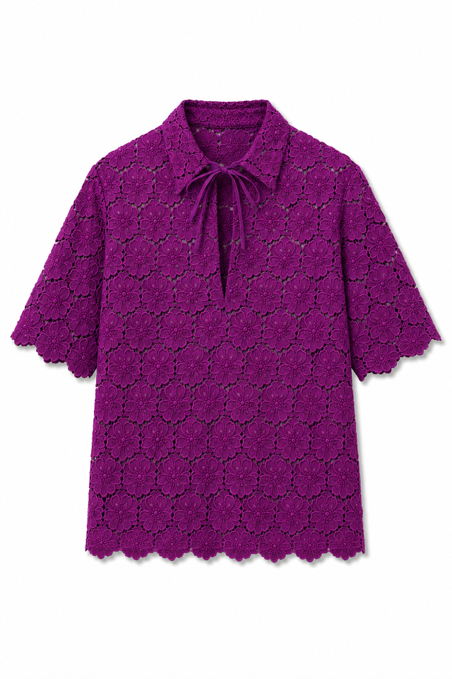 Valentino Floral Lace Short Sleeve Shirt in Purple