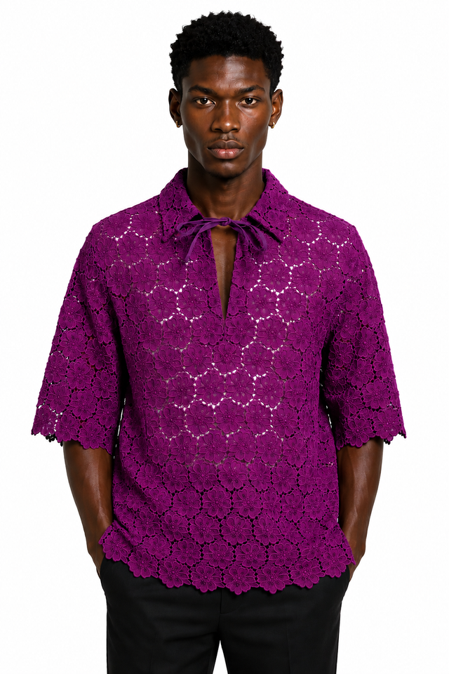 Valentino Floral Lace Short Sleeve Shirt in Purple