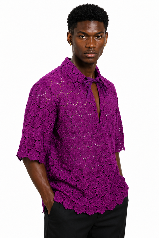 Valentino Floral Lace Short Sleeve Shirt in Purple