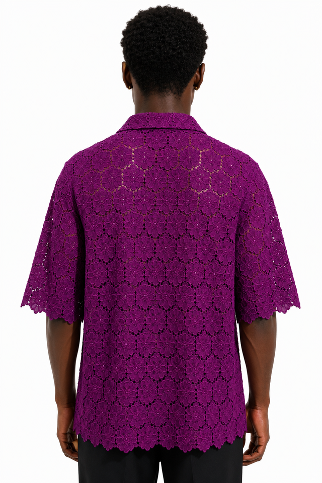 Valentino Floral Lace Short Sleeve Shirt in Purple