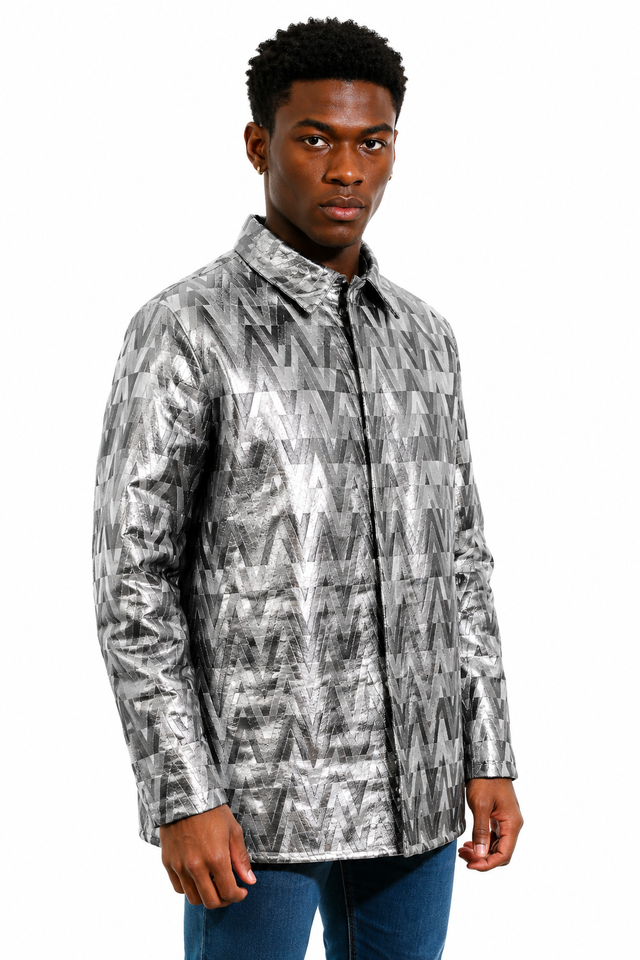 Valentino Men’s Silver V Logo Metallic Print Shirt