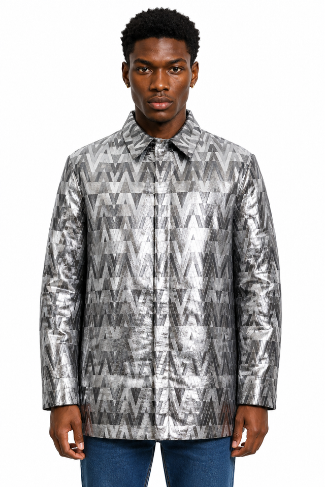 Valentino Men’s Silver V Logo Metallic Print Shirt