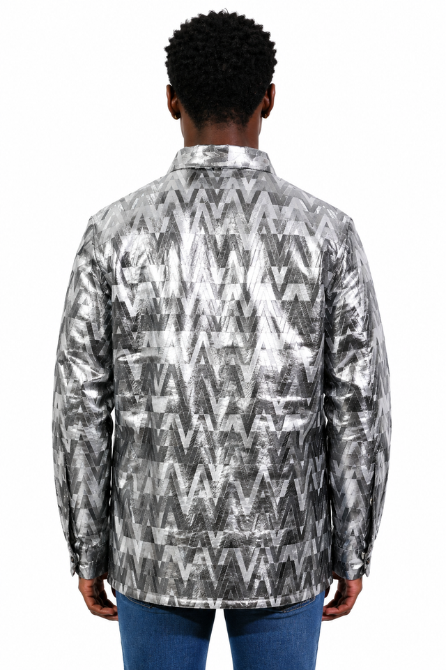 Valentino Men’s Silver V Logo Metallic Print Shirt