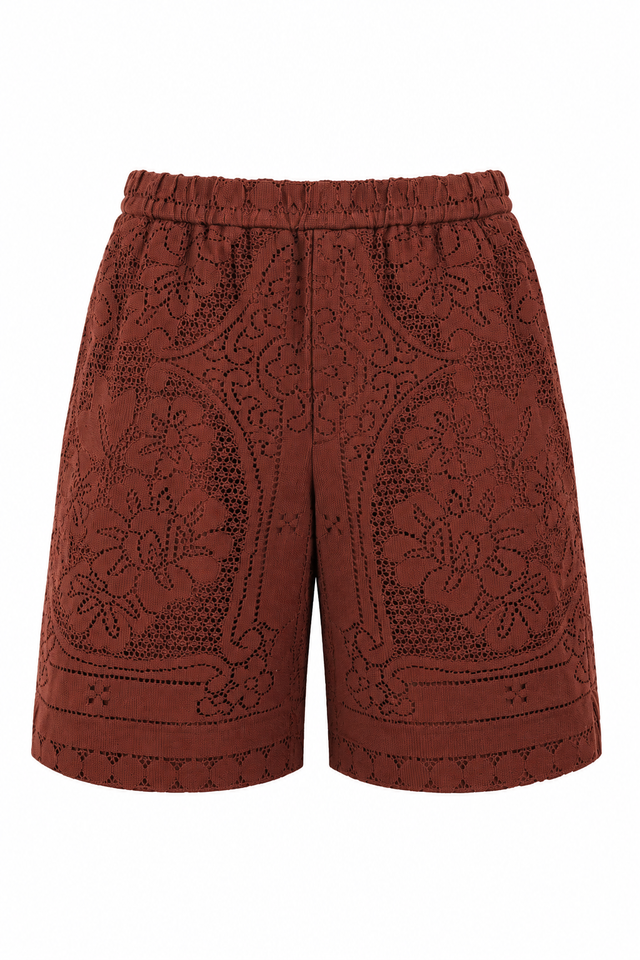 Valentino Lace Knit Shorts in Chocolate Brown & Ivory