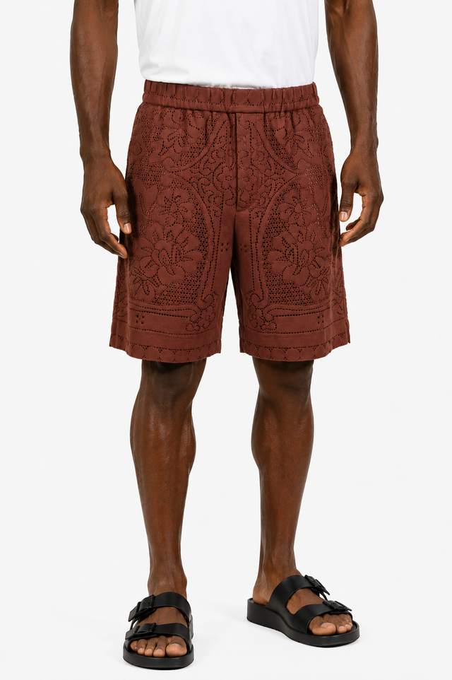 Valentino Lace Knit Shorts in Chocolate Brown & Ivory