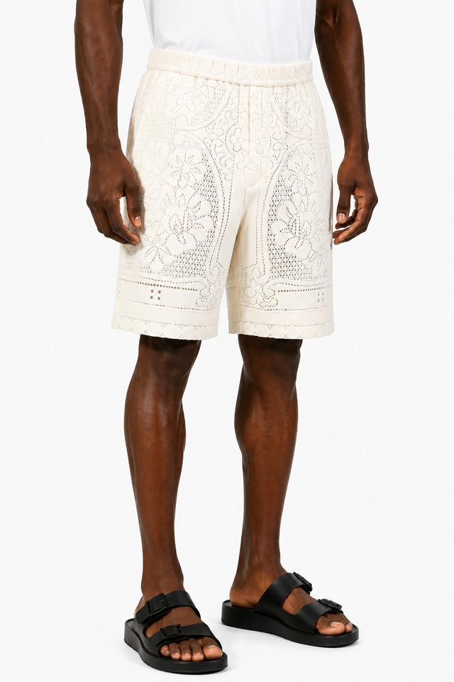 Valentino Lace Knit Shorts in Chocolate Brown & Ivory