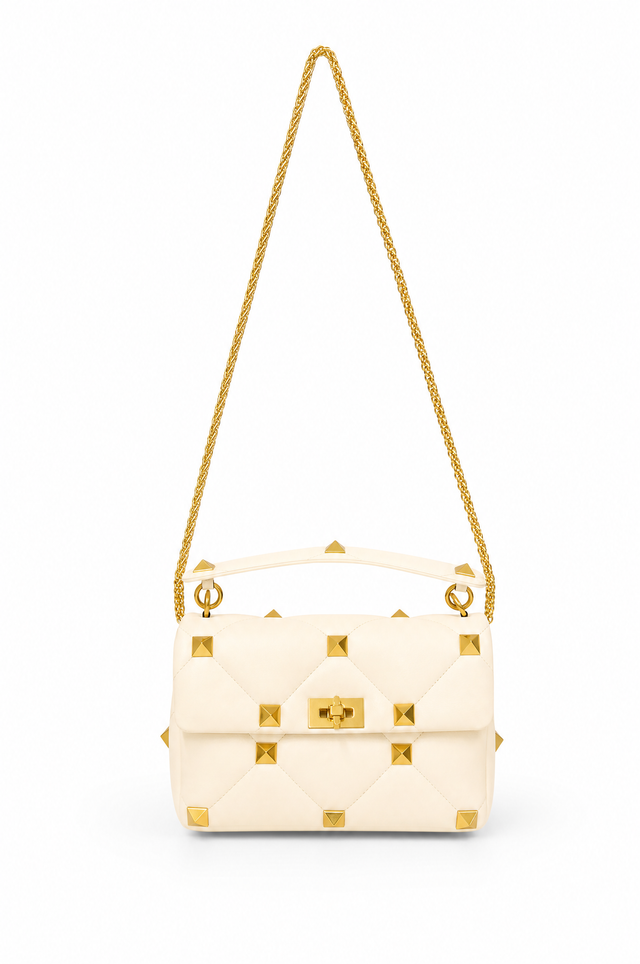 Valentino Garavani Roman Stud The Handle Quilted Leather Shoulder Bag Ivory