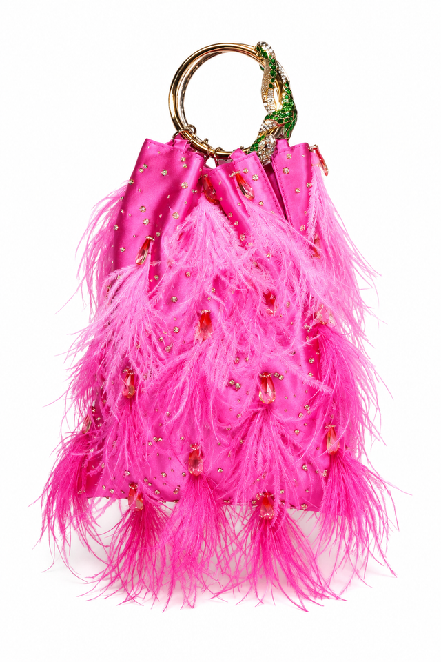 Valentino Garavani Feather-Embellished Satin Evening Bag with Serpent Handle