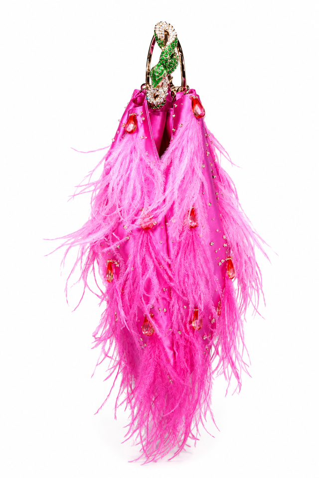 Valentino Garavani Feather-Embellished Satin Evening Bag with Serpent Handle