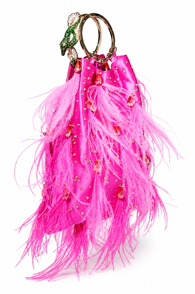 Valentino Garavani Feather-Embellished Satin Evening Bag with Serpent Handle