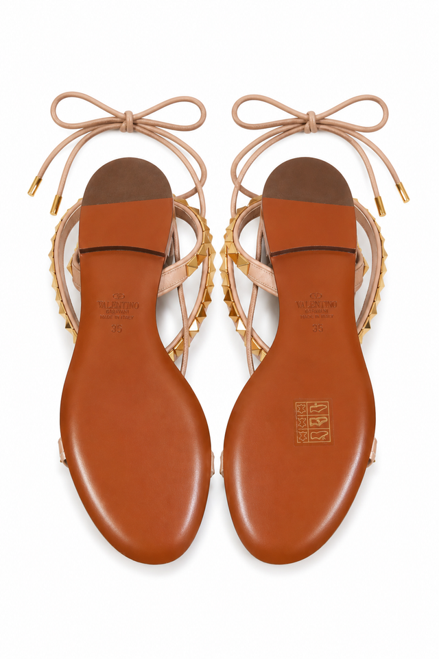 Valentino Garavani Rockstud Lace-Up Flat Sandals in Blush Leather