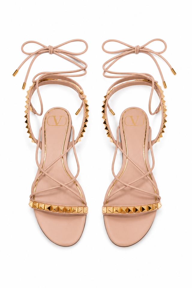 Valentino Garavani Rockstud Lace-Up Flat Sandals in Blush Leather