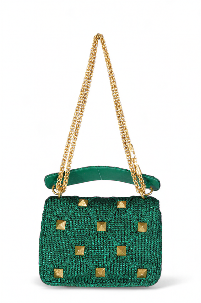 Valentino Garavani Green Woven Rockstud Shoulder Bag