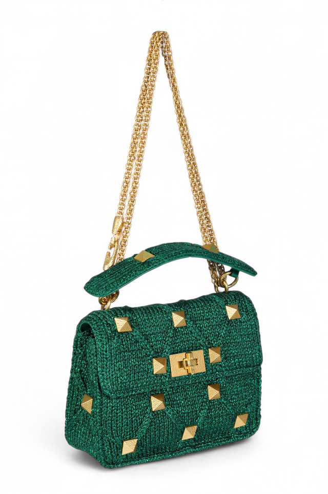 Valentino Garavani Green Woven Rockstud Shoulder Bag