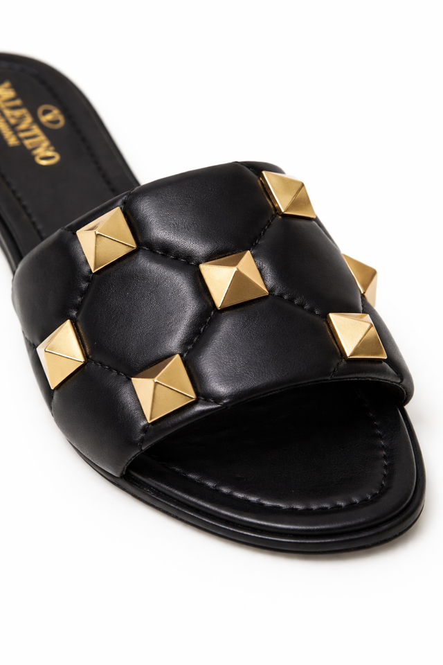 Valentino Garavani Rockstud Quilted Leather Slide Sandals – Black