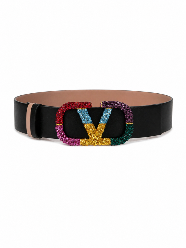 Valentino Garavani VLogo Signature Crystal Reversible Leather Belt 40mm Multicolor Buckle Black/Tan