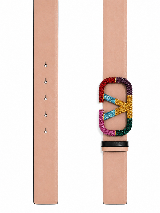 Valentino Garavani VLogo Signature Crystal Reversible Leather Belt 40mm Multicolor Buckle Black/Tan