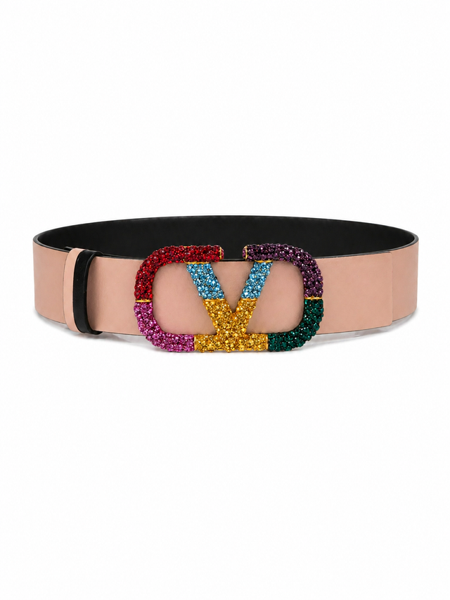 Valentino Garavani VLogo Signature Crystal Reversible Leather Belt 40mm Multicolor Buckle Black/Tan