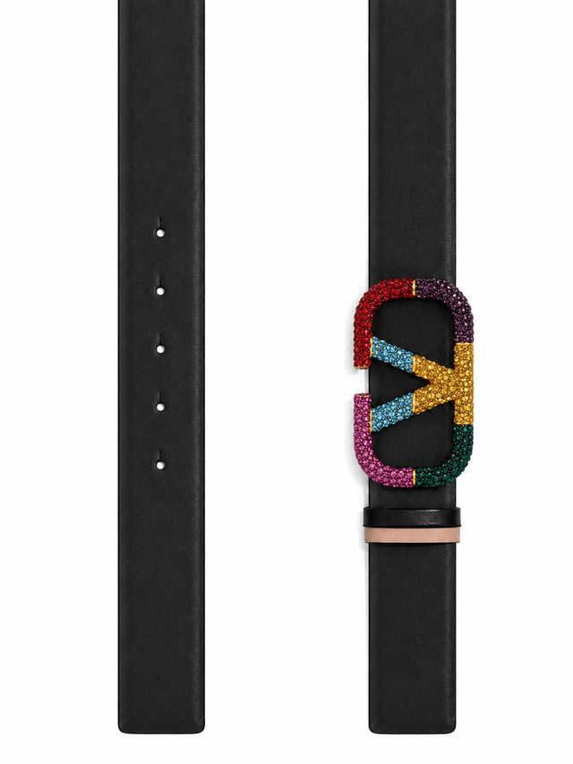 Valentino Garavani VLogo Signature Crystal Reversible Leather Belt 40mm Multicolor Buckle Black/Tan