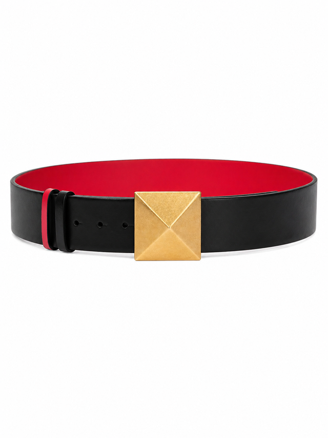 Valentino Garavani Roman Stud Reversible Leather Belt 40mm Black/Red Gold Buckle