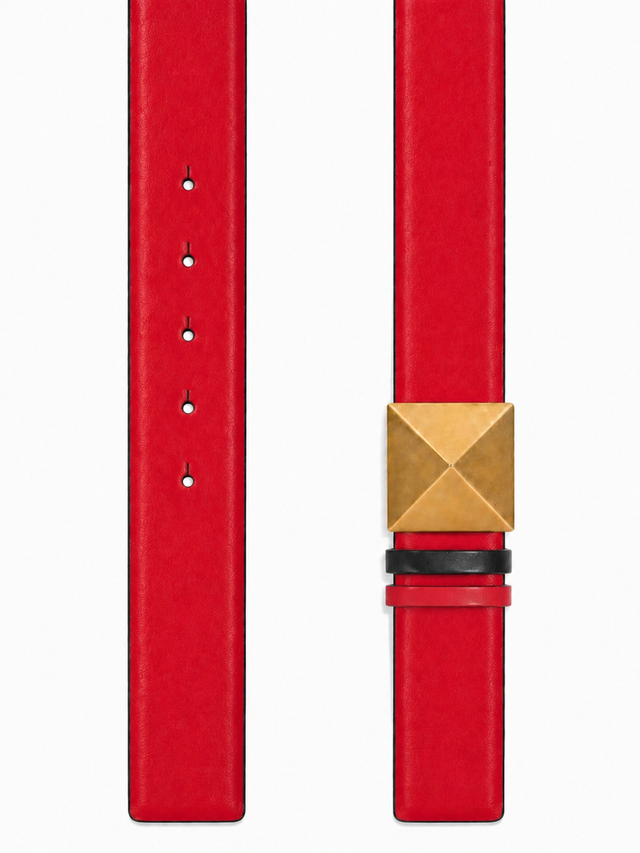 Valentino Garavani Roman Stud Reversible Leather Belt 40mm Black/Red Gold Buckle