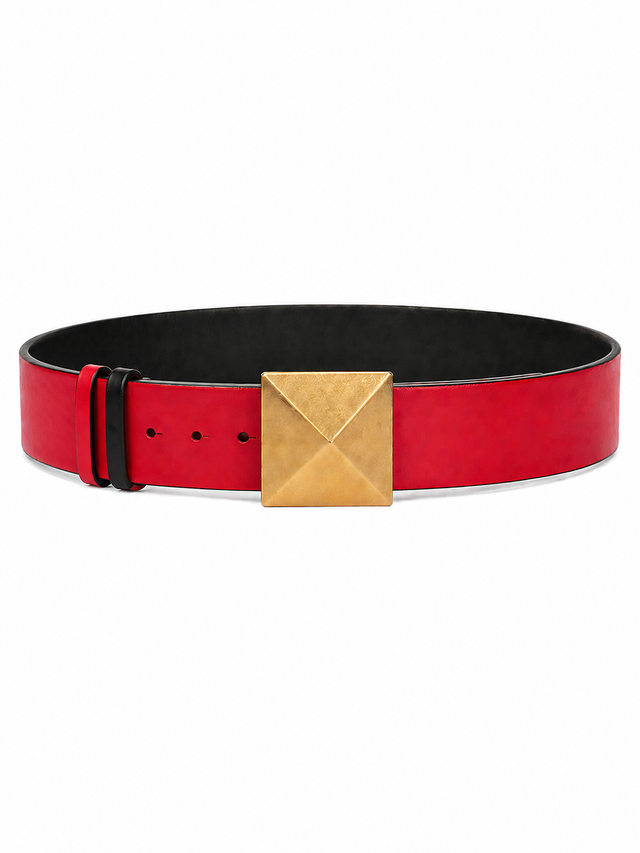 Valentino Garavani Roman Stud Reversible Leather Belt 40mm Black/Red Gold Buckle