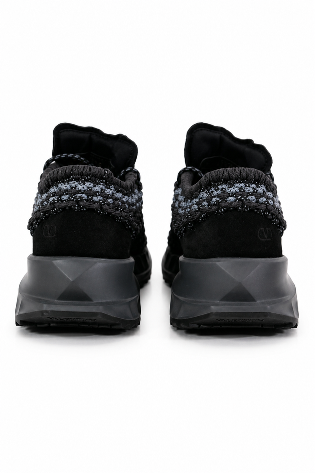 Valentino Garavani Crochet Knit Low-Top Sneakers in Brown Camo & Black Grey