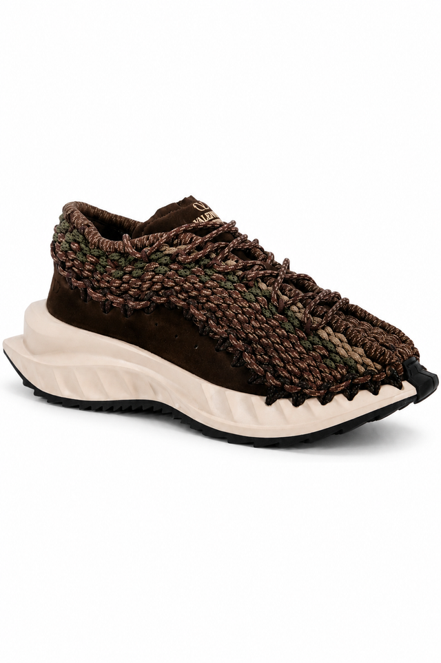 Valentino Garavani Crochet Knit Low-Top Sneakers in Brown Camo & Black Grey
