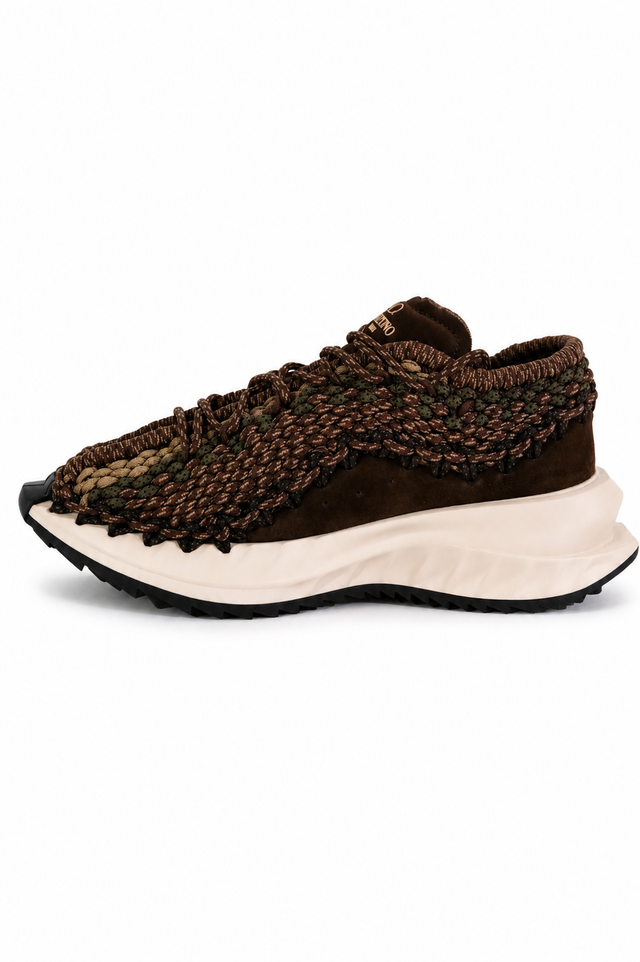 Valentino Garavani Crochet Knit Low-Top Sneakers in Brown Camo & Black Grey