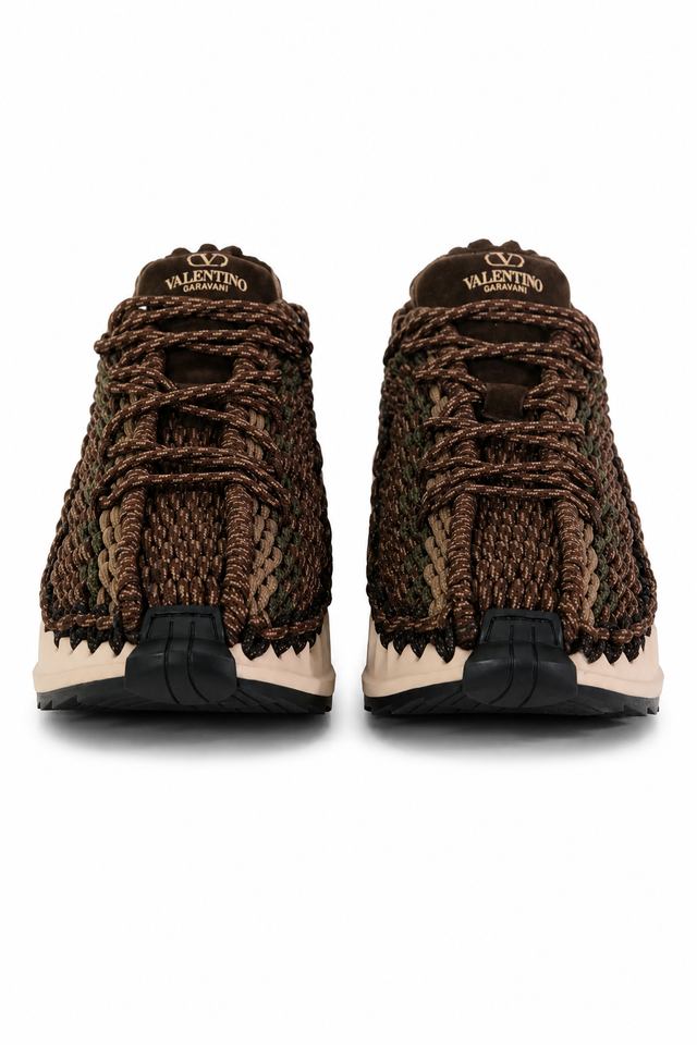 Valentino Garavani Crochet Knit Low-Top Sneakers in Brown Camo & Black Grey