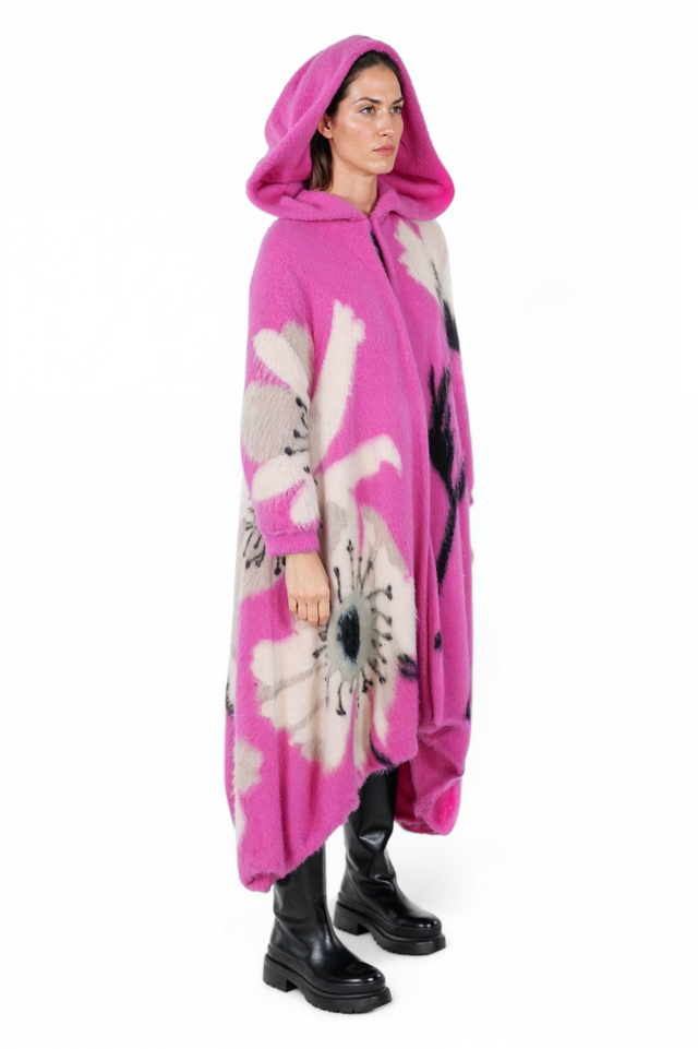 Valentino Floral Fuchsia Hooded Wool Coat