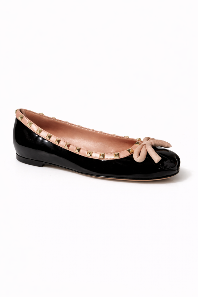 Valentino Garavani Rockstud Bow Patent Leather Ballet Flats – Black/Blush