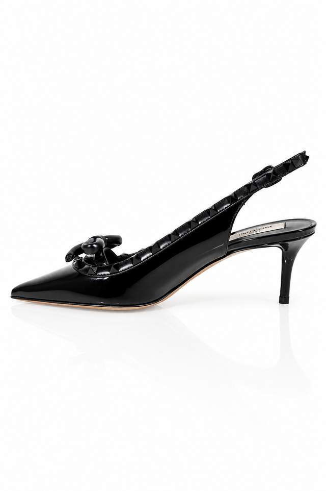 Valentino Garavani Rockstud Bow Slingback Pumps in Black Patent Leather