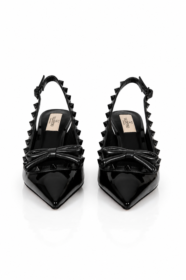 Valentino Garavani Rockstud Bow Slingback Pumps in Black Patent Leather