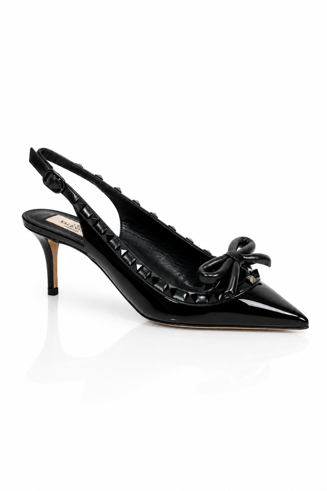 Valentino Garavani Rockstud Bow Slingback Pumps in Black Patent Leather