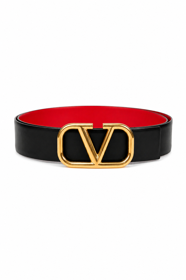 Valentino Garavani VLogo Signature Reversible Leather Belt 40mm Tan/Black & Red/Black Gold Buckle
