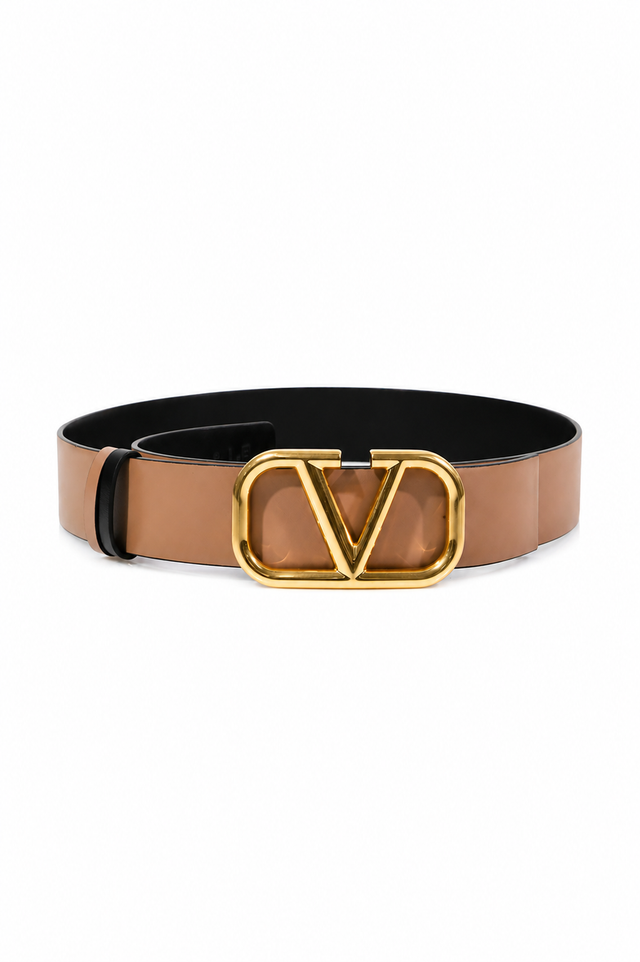 Valentino Garavani VLogo Signature Reversible Leather Belt 40mm Tan/Black & Red/Black Gold Buckle