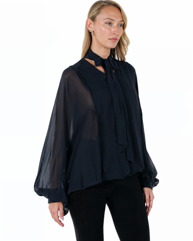 Valentino Navy Sheer Bow Blouse with Balloon Sleeves