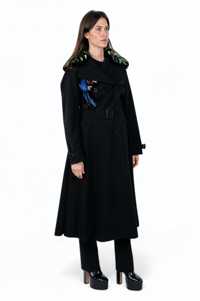 Valentino Black Double-Breasted Wool Coat with Mink Collar