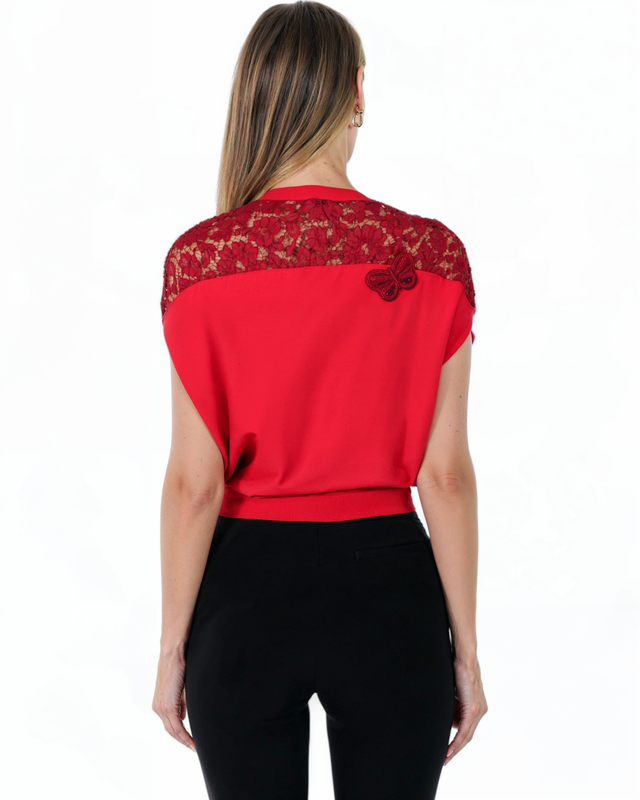 Valentino Red Lace Butterfly Embroidered Knit Top