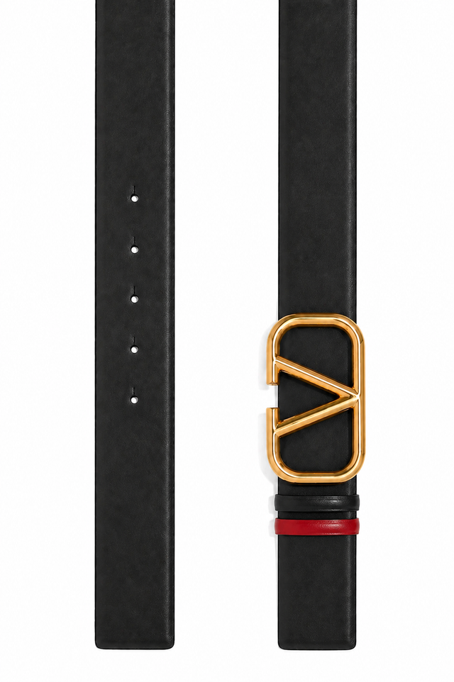 Valentino Garavani VLogo Signature Reversible Leather Belt 40mm Tan/Black & Red/Black Gold Buckle