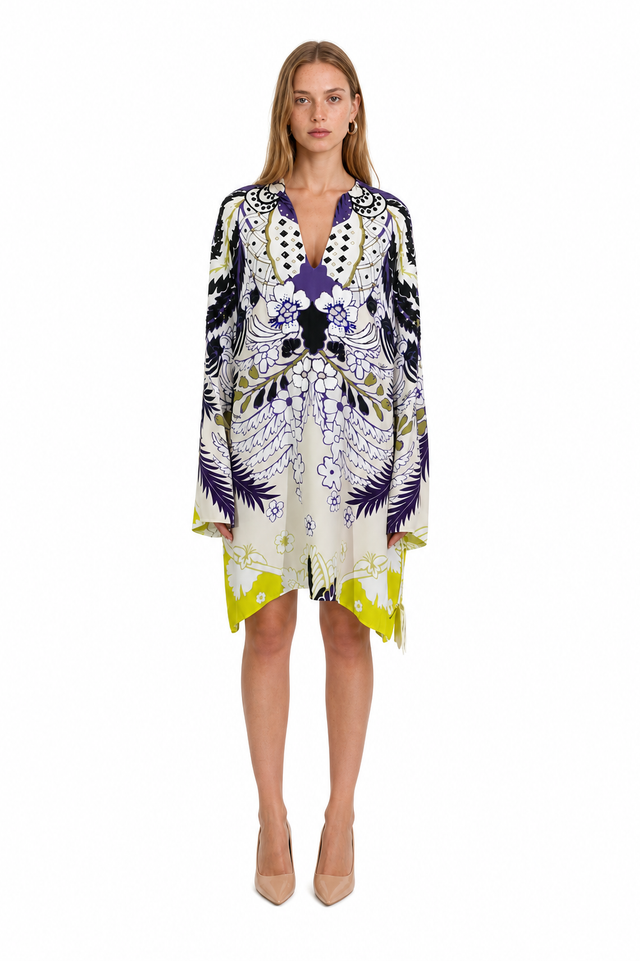 Valentino printed silk V-neck tunic kaftan mini dress in purple and chartreuse botanical print