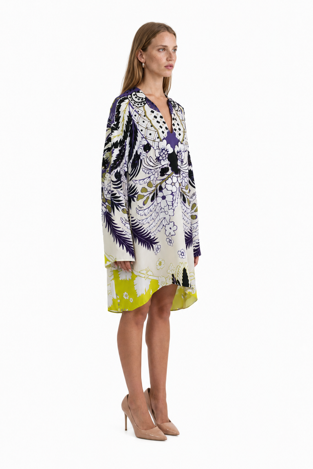 Valentino printed silk V-neck tunic kaftan mini dress in purple and chartreuse botanical print