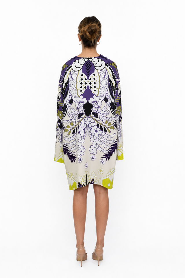 Valentino printed silk V-neck tunic kaftan mini dress in purple and chartreuse botanical print