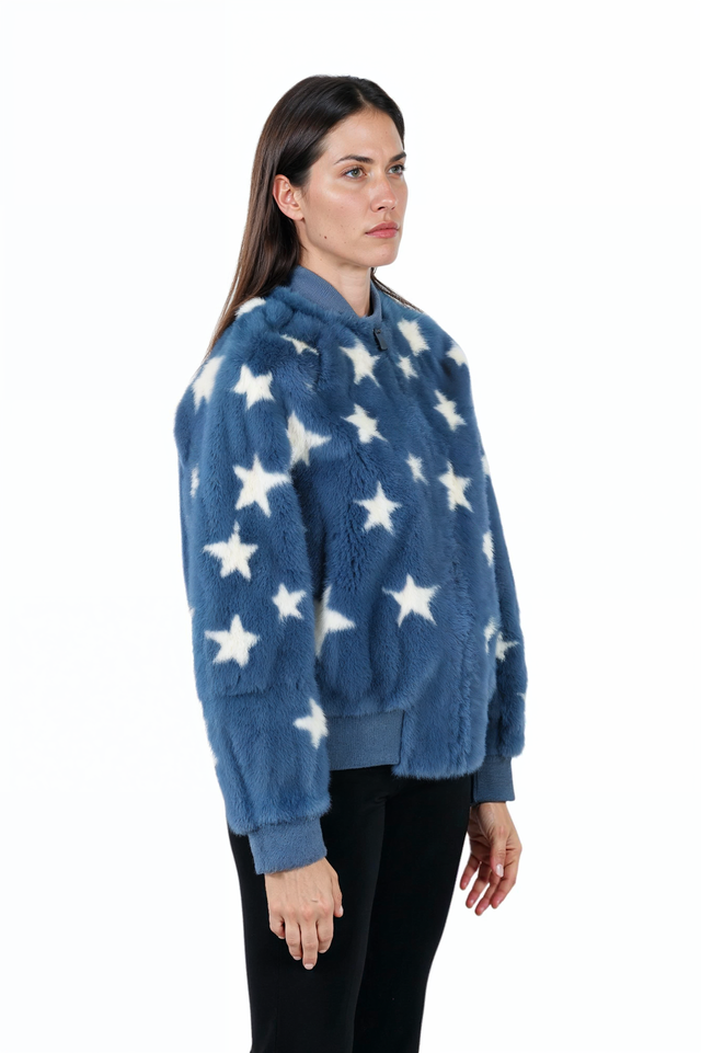 Valentino Blue Stars Mink Fur Bomber Jacket