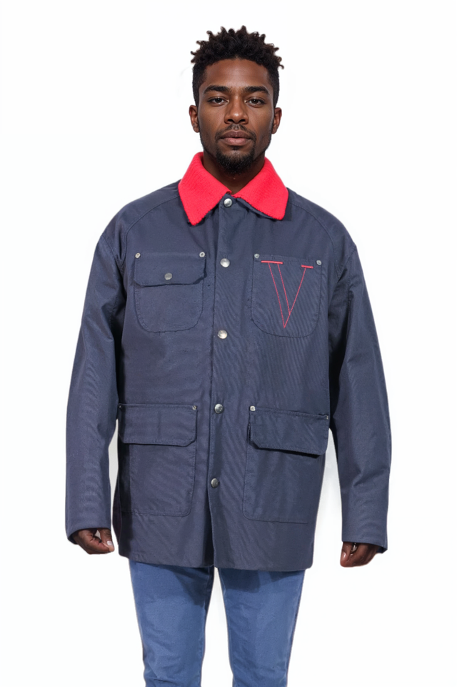 Valentino Men's Navy Field Jacket with Red Collar