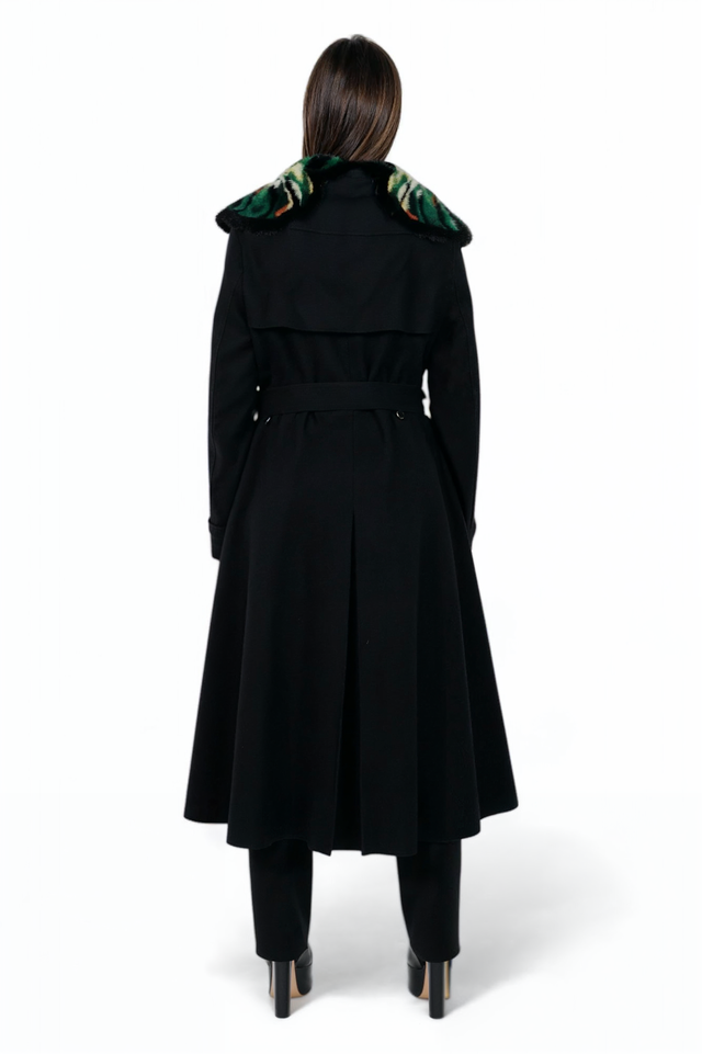 Valentino Black Double-Breasted Wool Coat with Mink Collar