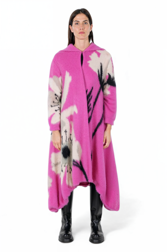 Valentino Floral Fuchsia Hooded Wool Coat